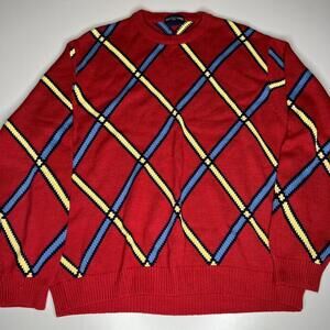 Vintage Alan Flusser Sweater Men’s L Red Knit Pullover 90s Geometric Argyle Patt